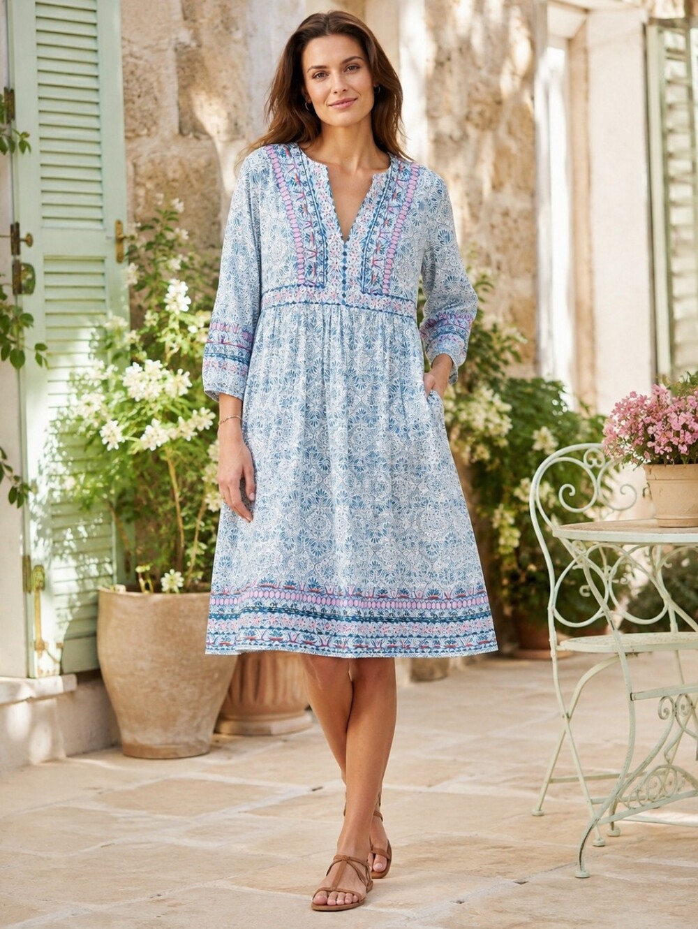 Boden Cotton Blue Printed Midi Dress Sz 8 Boho Coastal Cottagecore Embroidered